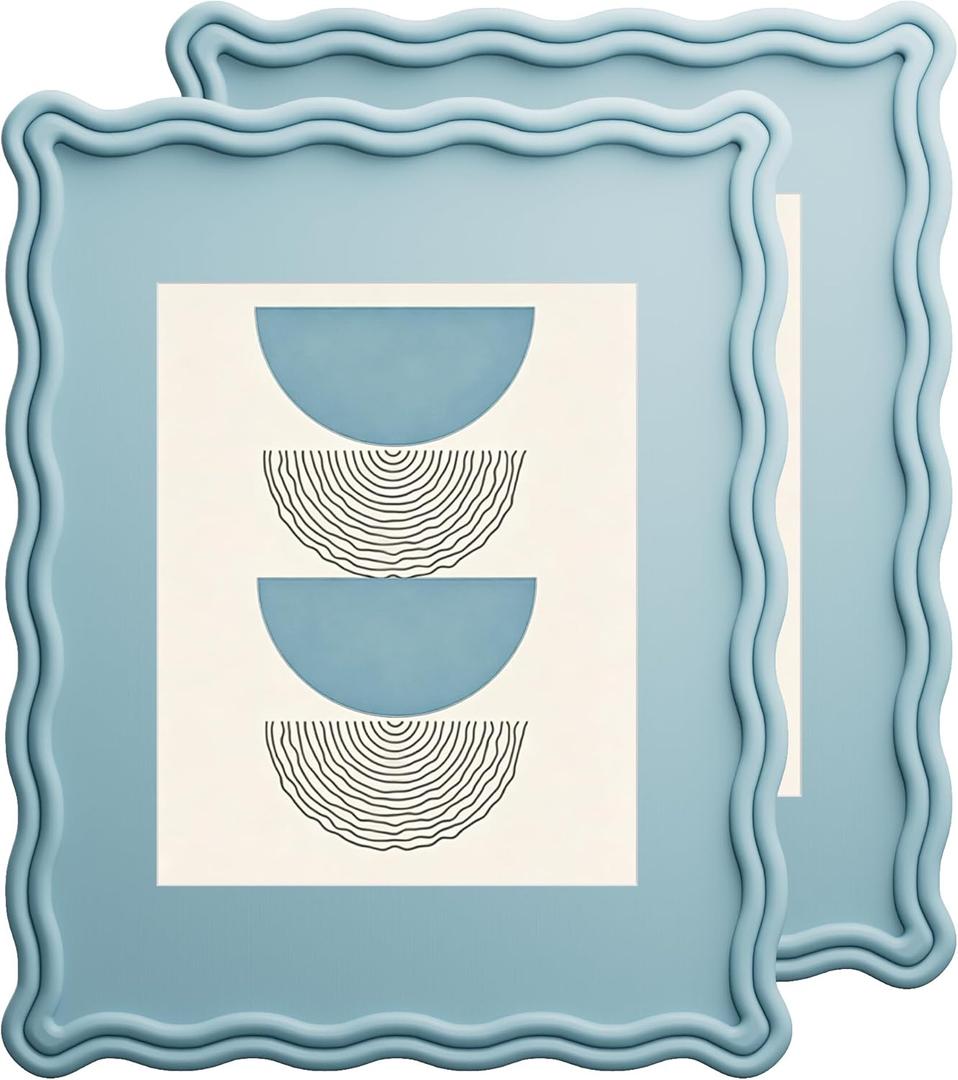 IRahmen 11x14 Wavy Picture Frame Set of 2 - Scalloped Frame Display Picture 8x10 with Mat or 11 x 14 Without Mat, Blue Photo Frame with Tempered Glass for Wall Mount