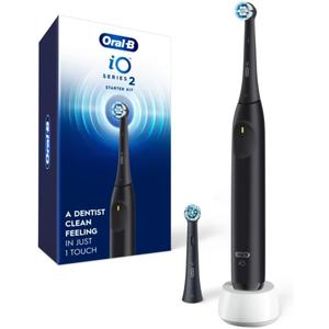 Oral-B Rechargeable Electric Toothbrush, iO2 Starter Kit, 3 Cleaning Modes, Automatic Pressure Sensor to Protect Gums, 2 Brush Heads, Night Black (1 Count (Pack of 1))