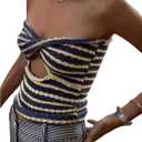 MakeMeChic Women's Knit Striped Twist Front Tube Top Strapless Cut Out Bandeau Crop Tops (S)