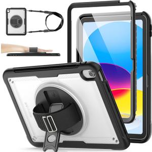 SEYMAC stock Case for iPad A16 11-inch Case 2025/ for iPad 11th/ 10th Generation 10.9'' 2022, Protective with Screen Protector, Pen Holder, Rotate Stand, Loop Nylon Hand Strap, Shoulder Strap, Clear
