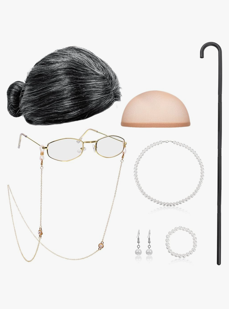 BBTO Old Lady Cosplay Set Grandma Gray Wig for Women Walking Cane Glasses Chain Cords Faux Pearl Bead Necklace