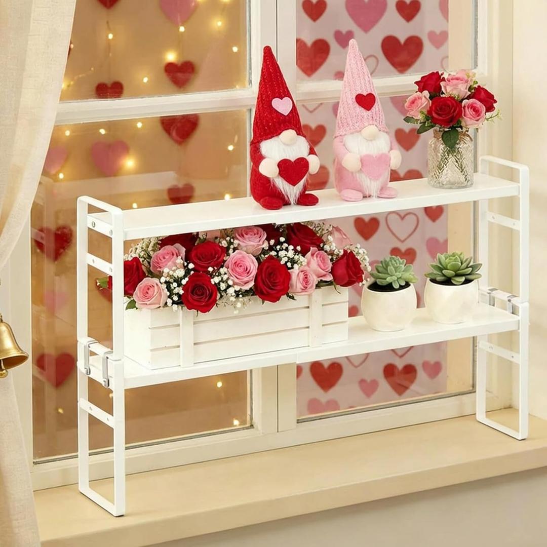 2 Pcs Expandable Window Sill Plant Shelf, 13.7 x 3.5 x 7.28 Inches, Stackable Narrow over The Sink Shelf, Adjustable Height Metal Window Sill Extender Shelves for Kitchen Bathroom (White)