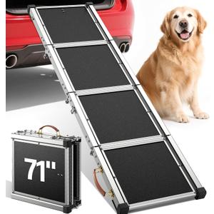 71" Aluminum Alloy Dog Ramp for Car SUV Truck Side Door, Foldable Outdoor Pet Ramp with Adjustable Support Head, Non-Slip Traction Surface, Sturdy Ramp for Large Dogs Up to 200 LBS (4 Folded)