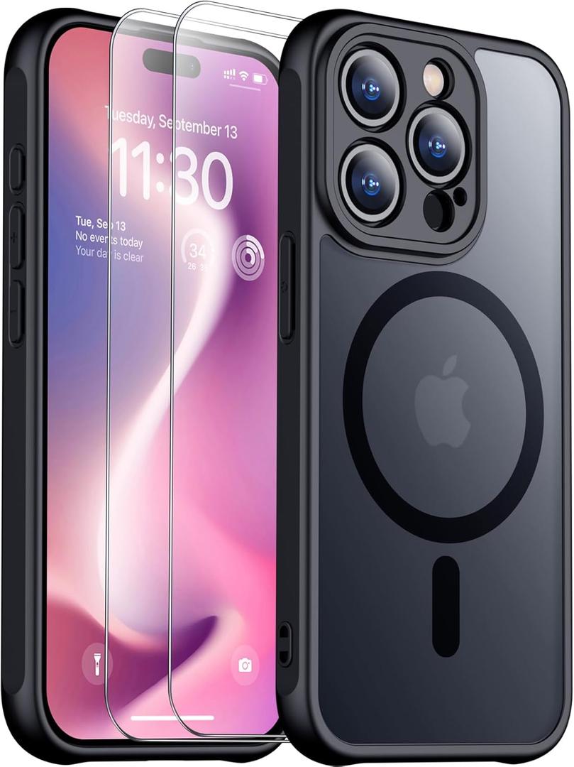 SPIDERCASE for iPhone 15 Pro Case, Magnetic Translucent Matte Case with 2PCS Tempered Glass Screen Protector Slim Phone Case for iPhone 15 Pro 6.1'', Black