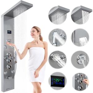 Shower Panel Tower System with Rainfall Waterfall Head and Adjustable Massage Body Jets LED Celsius Temperature Display Handheld Sprayer Stainless Steel Nickel and Chrome Wall Mount Shower Panels
