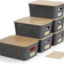 Small Plastic Storage Bins with Bamboo Lids 5.2qt Stackable Box Basket Pantry Decorative Containers Cute with Lable for Organizing Desktop Closet Office Gray of 6 packs 10 * 7.2 * 4.1'