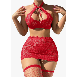 Sexy Cutout Halter Underwire Sheer Mini Skirt Stocking Lingerie Set 4 Piece Outfits,M Sexy Cutout Halter Underwire Sheer Mini Skirt Stocking Lingerie Set 4 Piece Outfits,M