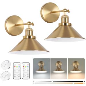 Battery Operated Wall Sconce Set of Two, Brushed Brass Battery Powered Wall Lighting Indoor, Cordless Metal Indoor Wall Lamp, Dimmable with Remote, Suitable for Living Room Bedroom Hallway (Gold)