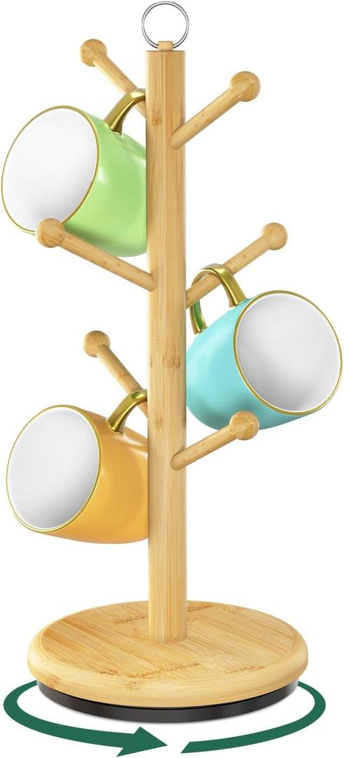 EsLuker.ly Mug Holder Tree Bamboo 360 Rotating Coffee Cup Display Rack with 6 Hooks for Home Kitchen Counter, Upgrade Wood Mug Stand Station Organizer, Building Your Dream Coffee Corner