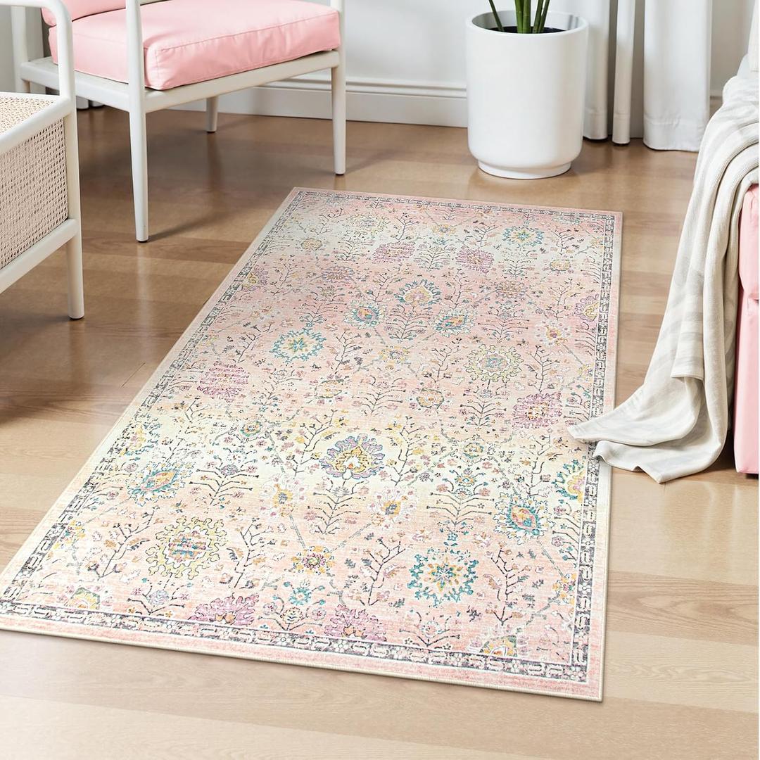 Lahome Flavie Light Pink Boho Rug, 3x5 Machine Washable Area Rugs for Dorm Girls, Soft Floral Small Nursery Pastel Mat, Pink Carpet for Bedroom Kids Room