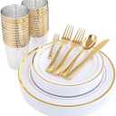 WDF 25Guest Gold Plastic Plates - Heavy Duty Plastic Plates Dinnerware - Include 25 Dinner Plate 25 Salad Plates 50 Forks 25 Knives 25 Spoons 25 Cups 25 Mini Forks for Wedding Birthday Valentines Day