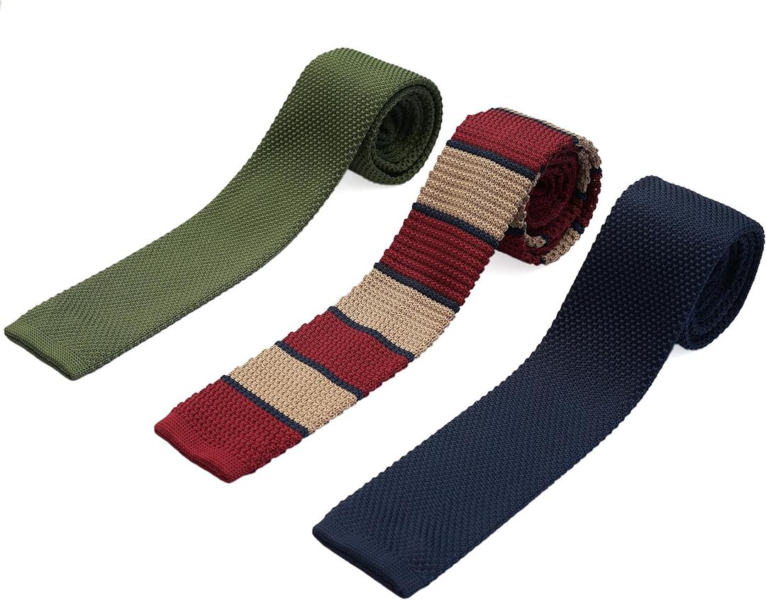 Knit Ties for Men, Wrinkle Proof, Machine Washable, 2.35 inch Skinny Ties, Flat-end Sock Ties, 3-Pack
