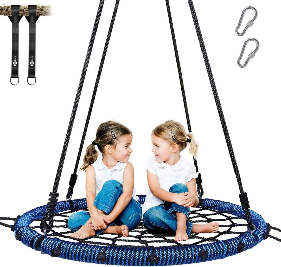 Trekassy 750lbs 40" Spider Web Saucer Tree Swing for Kids Adults, Outdoor Net Swing with Steel Frame and 2 Hanging Straps-Blue (Patented)