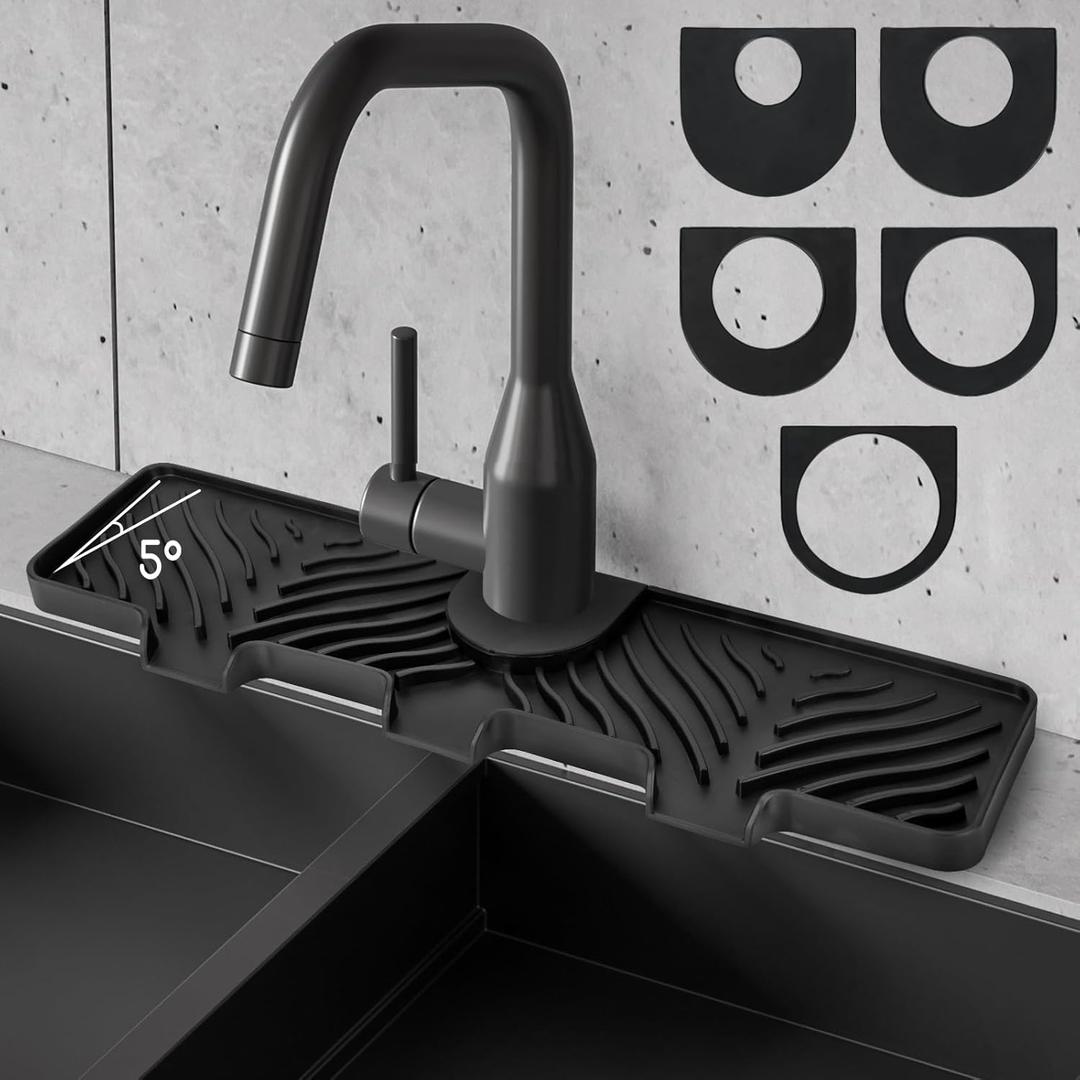 Silicone Faucet Splash Guard - 5Slope Kitchen Sink Splash Guard, 17.8 * 5.2 * 0.8 Inch Faucet Mat for Kitchen Sink with 5 Sizes of Rubber Rings, Silicone Sink Mat for Kitchen Bathroom (Black)