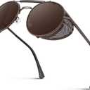 CGID Retro Steampunk Round Polarized Sunglasses Men Womens Metal Side Shield UV400 Protection (Brown Frame / Brown Lens)