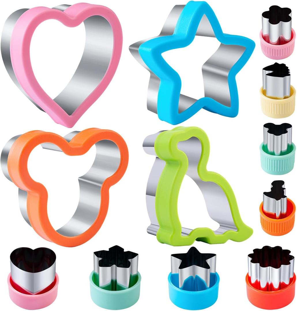 Sandwich Cutters for Kids Lunch 12 Pcs, Kimfead Cookie Cutters Set, Vegetable Fruit Cutters Shapes, Stainless Steel Biscuit Cutters, Dinosaur Mouse Heart Star