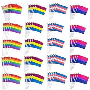 AIVS 90 Packs Small New Intersex Progress Pride Rainbow Gay Stick Flag Mini Hand Held LGBTQ Flags Decorations 5x8inch,Set of 3