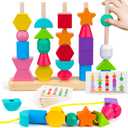 Montessori Wooden Beads Sequencing Toy Set, Stacking Blocks & Lacing Beads & Matching Shape Stacker for 2 3 4 5 Year Old STEM Preschool Learning Montessori Toys Gifts for Kids Boy Girl Toddler, Medium