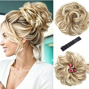 MEEZY Dirty Blonde Large Messy Bun Piece Hair Scrunchies for Women, 1.94 Oz Thick Wavy Curly Elastic Hair Bun Ponytail Extensions Synthetic Wigs Hairpieces with Pins for Updo Wedding Cosplay Costume