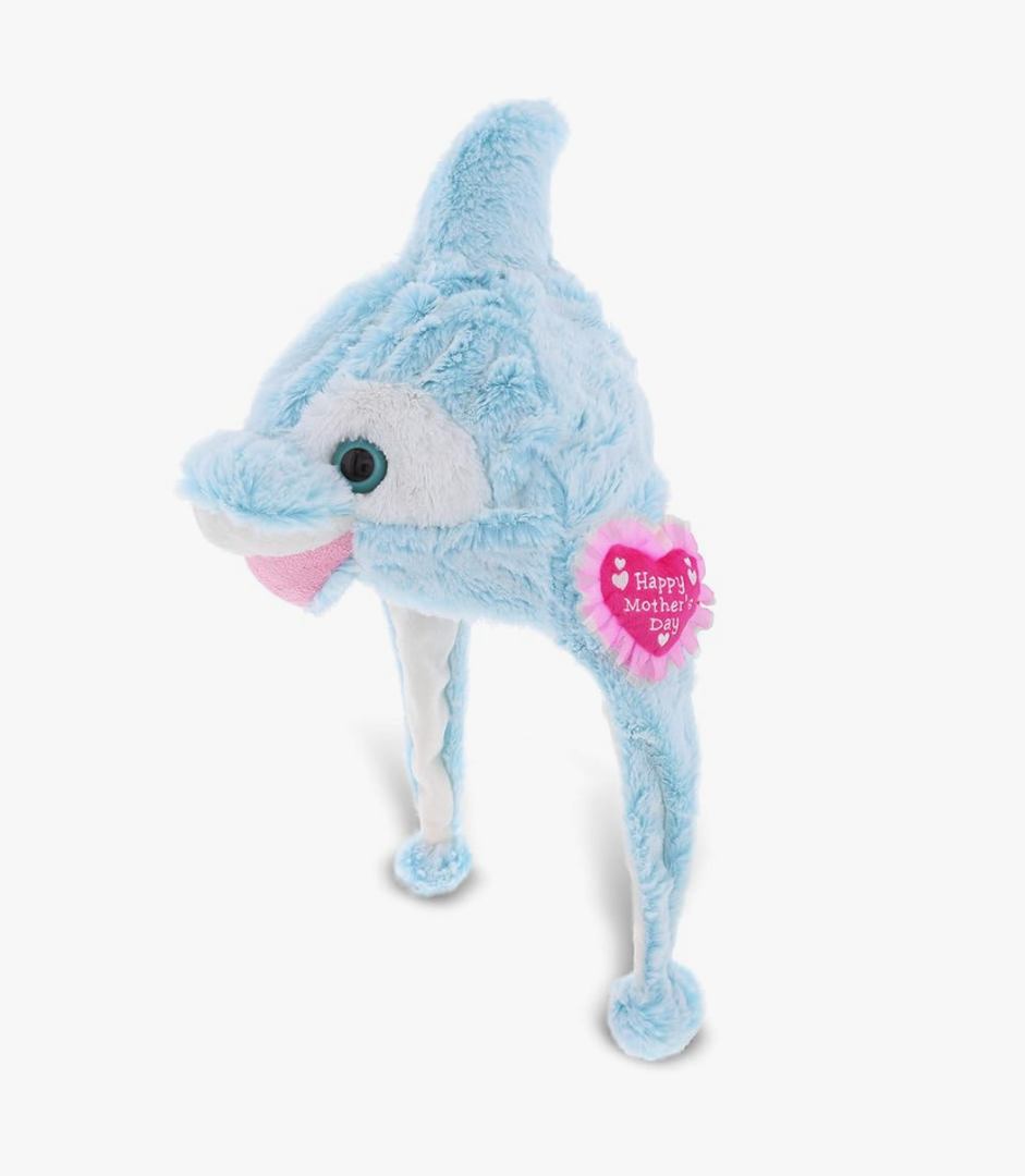 DolliBu Happy Mother's Day Super Soft Blue Dolphin Plush Hat - Cute Stuffed Animal with Pink Heart Message for Best Mommy, Grandma, Wife, Daughter - 19" Inches