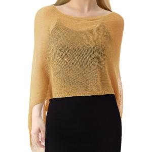 Women Sheer Poncho Shrug Summer Sheer Blouse Top Lightweight Poncho Bolero for Evening Dress, One Size (Dark Gold)