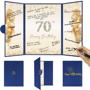DARUNAXY Blue Gold 70th Birthday Party Decorations, Blue Happy 70th Birthday Alternative Signature Guest Book for Men Women Cheers to 70 Years Old Gifts 70 Birthday Signing Card Board Party Supplies