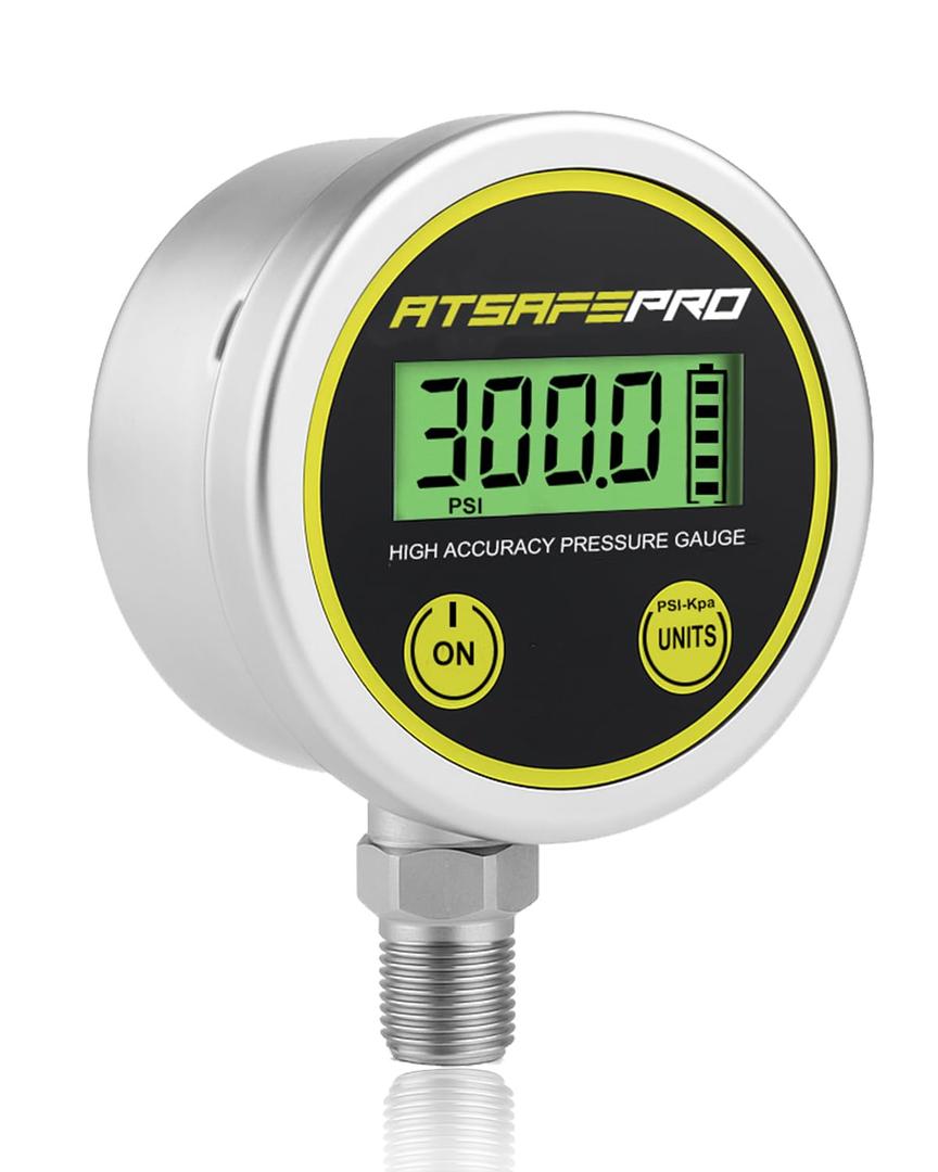 Atsafepro 300 PSI Digital Pressure Gauge- Stainless Steel Industrial Grade, 2.9-Inch LCD Display, Water Pressure Gauge with 1/4-Inch NPT Bottom Thread, Measuring Hydraulic, Oil, Water, and Barometric