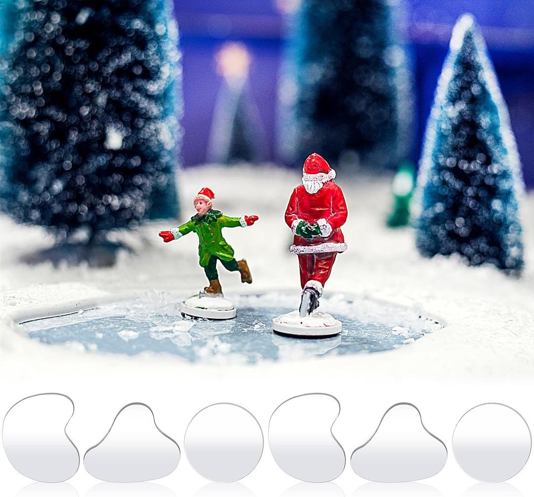 Sieral 6 Pieces Christmas Mirror Lake Landscaping Accessory Miniature 4 Inch Christmas Village Pond Curved Mini Ice Skating Rink Figurines Decoration for Holiday Christmas Village