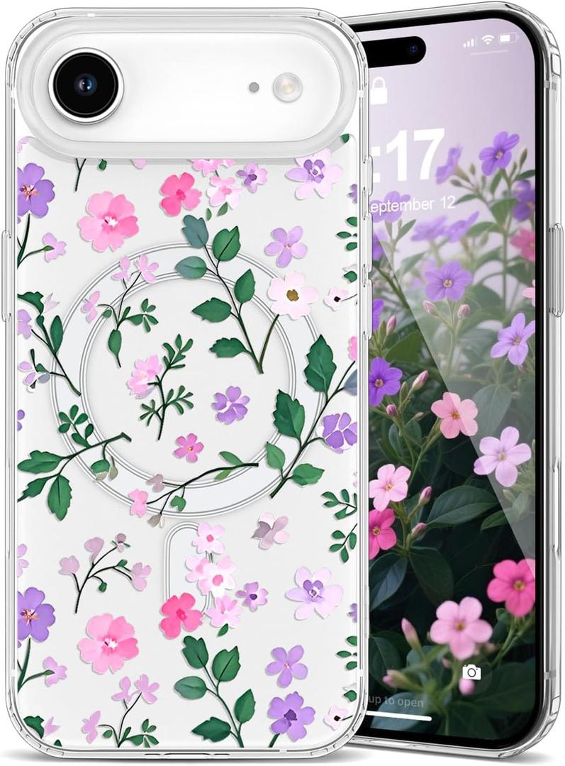 EYZUTAK Magnetic for iPhone Air Case, Pretty Flower Clear Case, Pink Purple