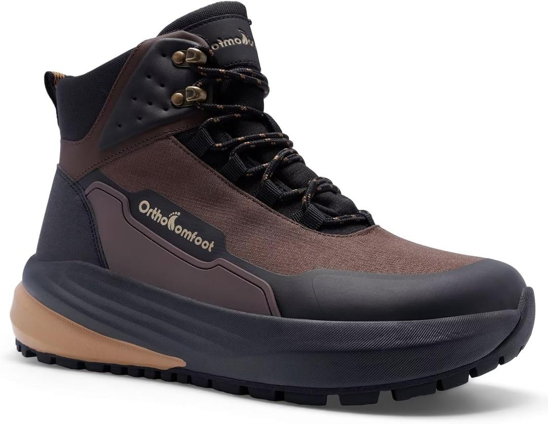 Men's Orthopedic Wide Waterproof Hiking Boots: Comfortable Plantar Fasciitis Arch Support Diabetic Foot Pain Relief Trail Sneakers, Backpacking Travel Gowalk Training Walking Shoes Brown Size 10.5