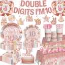 197pcs 10th Birthday Decorations for Girl, Double Digits Birthday Girl Serves 25, 10 Year Old Birthday Decorations Thick Plates Banner Tablecloths and Cake Topper with Cupcake Toppers