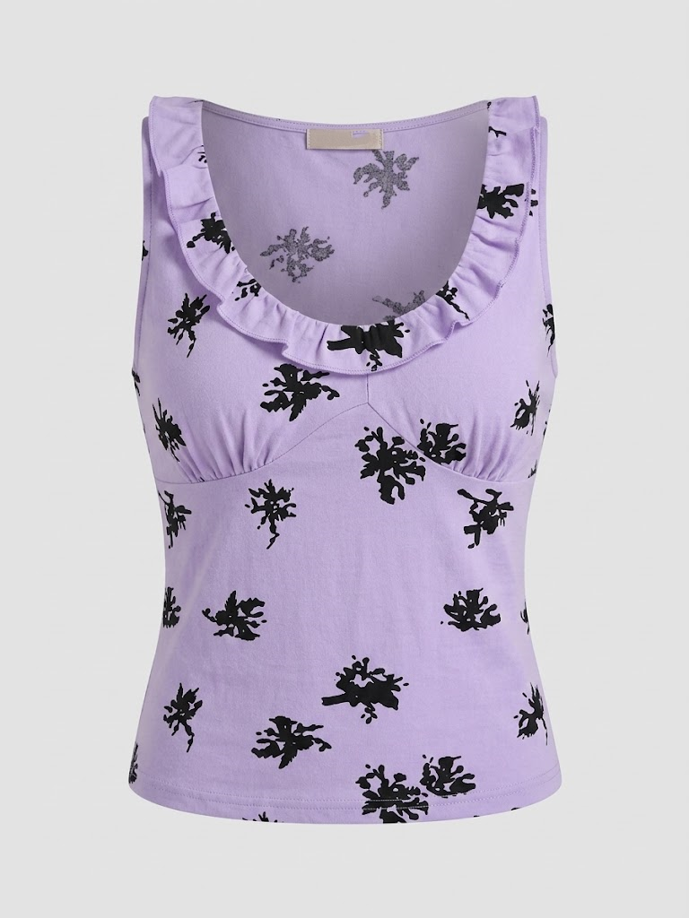 Tankaneo Womens Ruffle Deep V Neck Tank Tops Summer Sexy Floral Print Sleeveless Fitted Shirts Trendy Y2k Going Out Crop Tops, Size: M