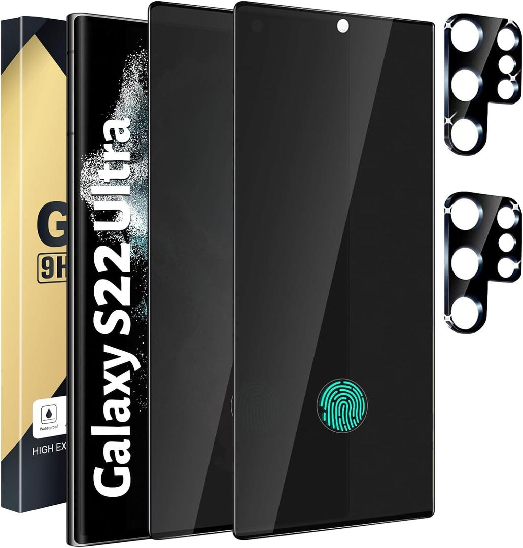 2+2 Pack Privacy Screen Protector Compatible with Galaxy S22 Ultra 5G - 2 Tempered Glass Film + 2 Camera Lens Protectos, High Clarity Bubble Free, Anti-Spy Protection