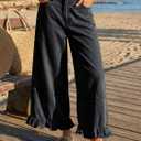 Cicy Bell Womens Ruffle Wide Leg Jeans Cropped Elastic High Waisted Baggy Denim Pants with Pockets (Black, S)