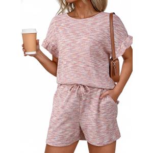 Dokotoo Women's 2 Piece Short Sleeve Outfits Casual Summer Shorts Set Lounge Matching Sets with Pockets M