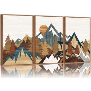 SIGNINART Vintage Mountain Framed Canvas Wall Art, Boho Sunrise Art Prints, Forest Nature Wilderness Art Paintings, Modern Farmhouse Woodcut Style Wall Decor for Living Room Bedroom, Office 24"x36"x3