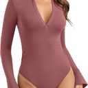 PINKMSTYLE Women Sexy V Neck Long Sleeve Bodysuit Slim Fit Ruched Going Out Y2K Top Flared Sleeve Collared Shirts Fall Outfit (S)