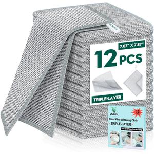 12 Pcs New Upgraded 3 Layers Non Scratch Wire Dishcloth, Multipurpose Wire Dishwashing Rags, Wet & Dry for Cookware, Sinks, Dishes, Stoves & Fireplaces (7.87 x 7.87-12pcs)