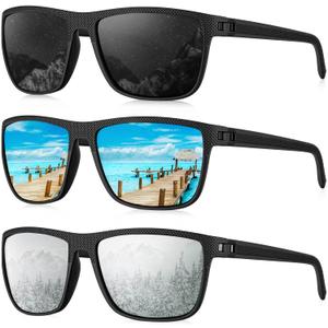 KALIYADI Polarized Sunglasses for Men, Lightweight Sun Glasses with UV Protection for Driving Fishing Golf ((3 Pack) Black/Ice Blue/Silvery)