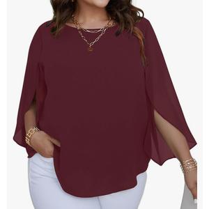 SCOMCHIC Blouses for Women Summer Chiffon 3/4 Sleeve Tunic Tops Dressy Scoop Neck Casual Loose Flowy Shirts, Burgundy, 2XL