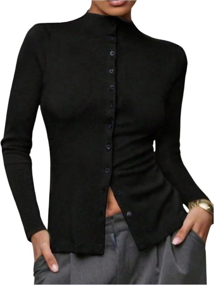 SOLY HUX Women's Button Down T Shirt Mock Neck Long Sleeve Tee Fitted Casual Fall Tops (M)