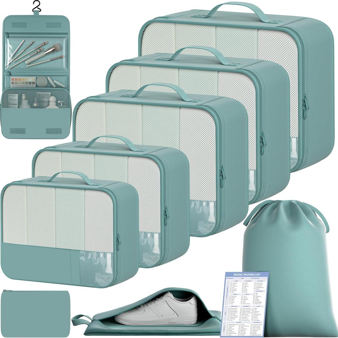 BAGAIL 9 Set Packing Cubes with Packing List Luggage Packing Organizers for Travel Accessories (Dusty Blue)