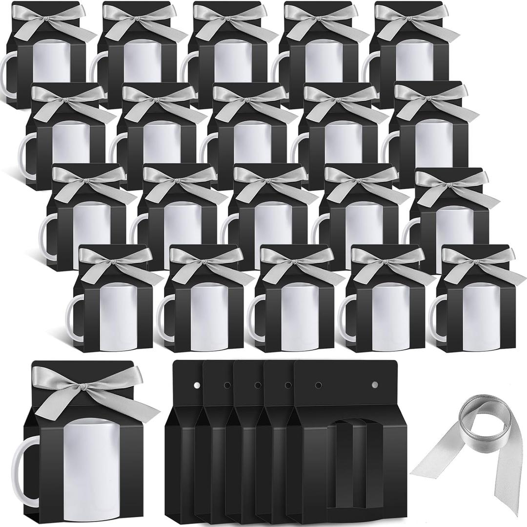 Kosiz 36 Pcs Mug Boxes Sublimation Mug Gift Bags with Window for Shipping & Selling (11oz, Black, Silver)