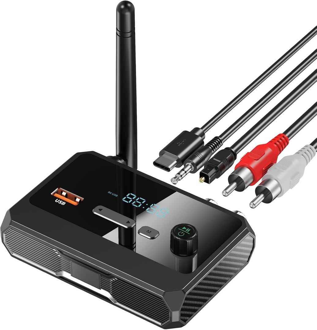 Bluetooth 5.3 Receiver for Home Stereo, RCA Bluetooth Adapter, Low Latency & HD Music Audio, Support Optical AUX 3.5mm, RCA Receiver Adapter for Speakers, Music Streaming Stereo System