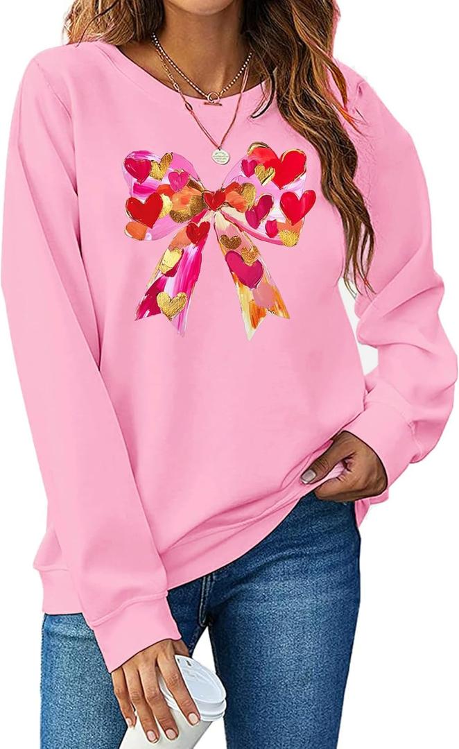 hohololo Valentine Bow Sweatshirts Women Love Heart Shirts Valentines Day Long Sleeve Casual Valentine Pullover Tops (Pink, XXL)