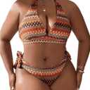 SOLY HUX Women's Plus Size Bikini Sets Halter Deep V Neck Piece 2 Bathing Suits Print Sexy Swimsuits Orange Geo 1XL