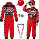 Kids Race Car Driver Costume Set Boys Girls Racer Jumpsuit Halloween Racer Cosplay Dress Up (5-6 Years)