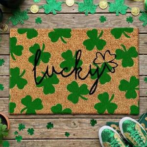 Ceenna St. Patrick's Day Coir Doormat Outdoor Shamrock Lucky Welcome Door Mat Green Clover Non-Slip Rug St. Patrick's Day Front Door Porch Entryway Decor for Indoor Outdoor Home Bathroom Decor