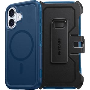 FNTCASE for iPhone 16 Magnetic Case: Dual Layer Shockproof Protective Cell Phone Cover with Rugged Belt-Clip Holster | Heavy Duty Military Grade Drop Protection Non Slip Textured Phonecase (Blue)