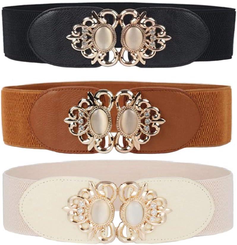 Swtddy 3 Pack Womens Vintage Wide Elastic Stretch Waist Belt For Dresses (Black+Camel+Beige, Suit For Waist Size 27"-35")